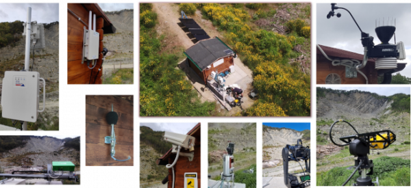 Vista dall’alto del laboratorio di monitoraggio di Poggio Baldi e dettaglio dei sensori di monitoraggio installati